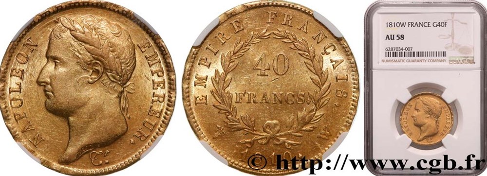 40 FRANCS OR NAPOLEON IER 1810 W LILLE NGC AU58 monnaies 40 francs or napoleon ier 1810 w lille ngc au58