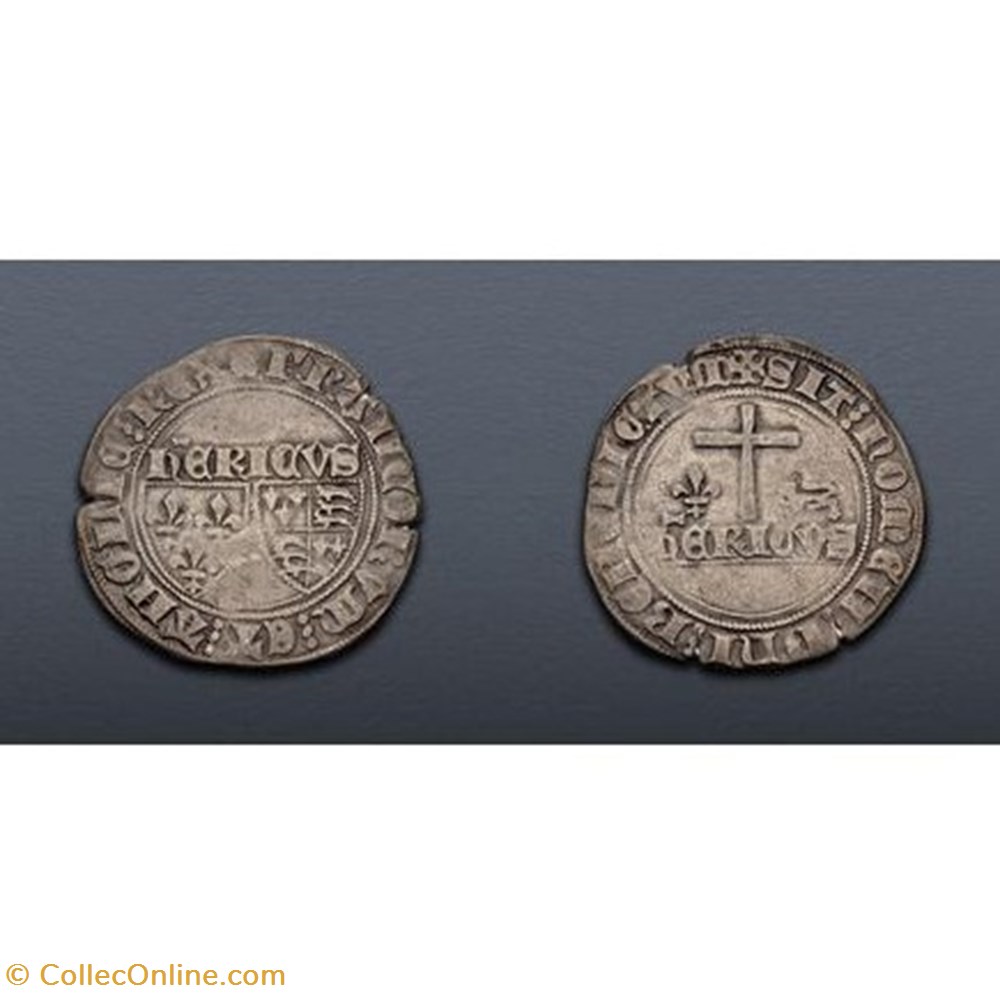 Grand Blanc aux écus Henri VI AUXERRE var. " revers BENEDICTUM monnaies europe medievale france royales grand blanc aux ecus henri vi auxerre var revers benedictum