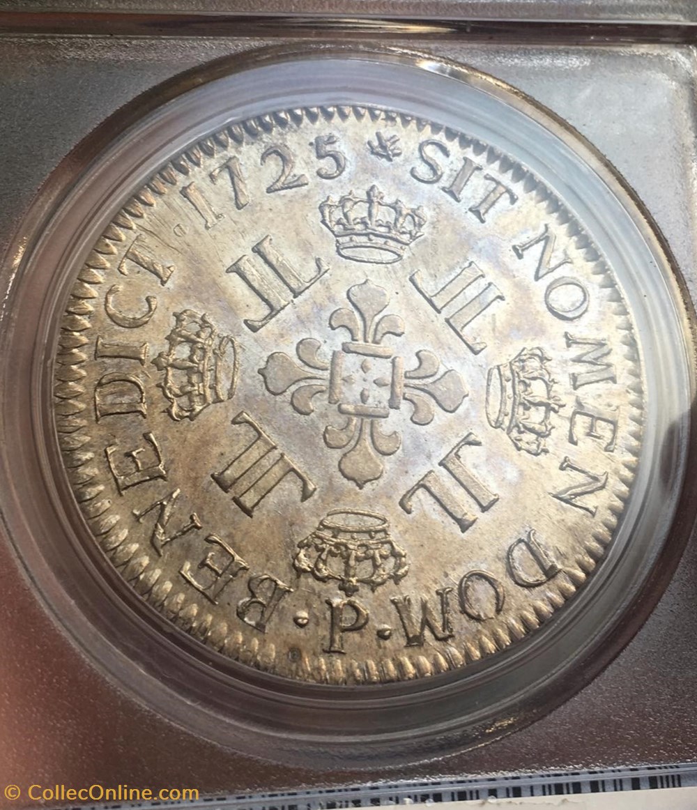 écu d'argent aux huit L Louis XV 1725 P DIJON PCGS MS62 3 monnaies europe medievale france royales ecu argent aux huit l louis xv 1725 p dijon pcgs ms62