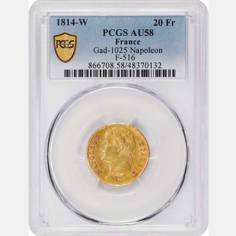 monnaies monde france 20 francs or napoleon ier 1814 w lille pcgs au58