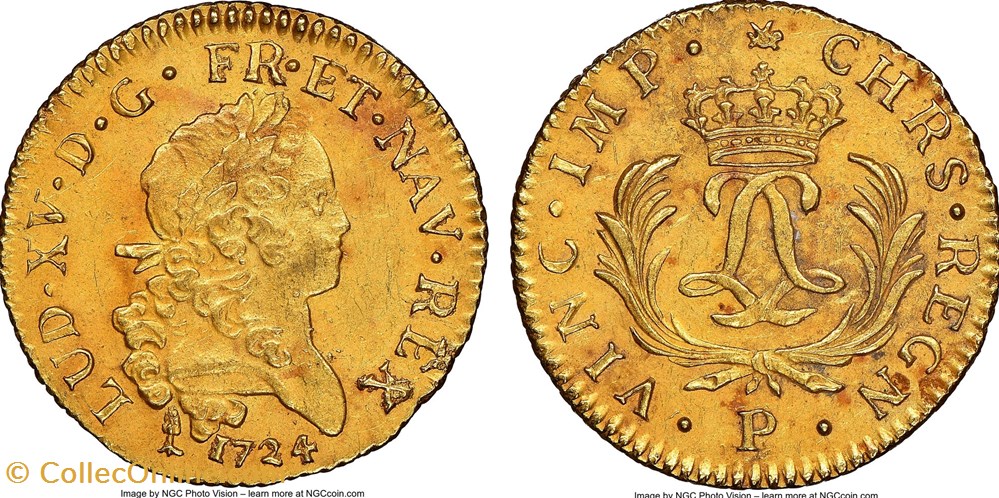 Louis d'or Mirliton Louis XV 1724 P DIJON Trésor Du Chameau NGC UNC monnaies europe medievale france royales louis or mirliton louis xv 1724 p dijon tresor du chameau ngc unc