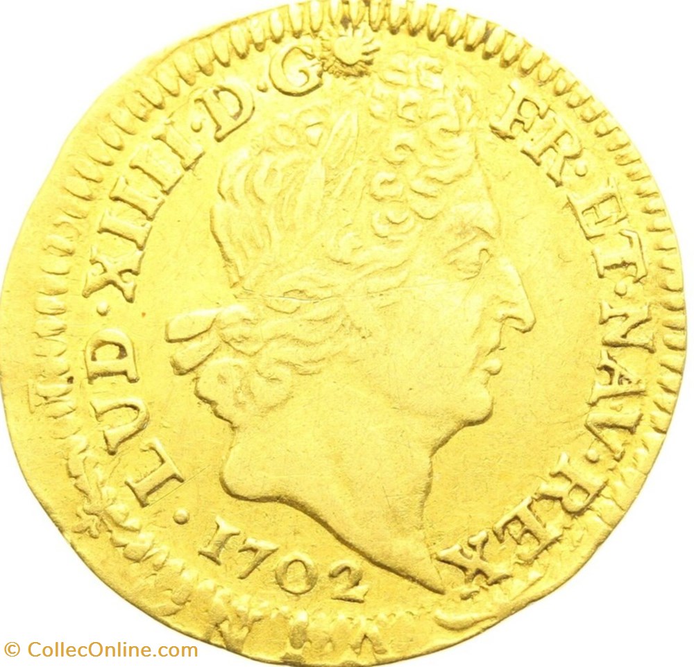 Demi - Louis d'or Louis XIIII aux 8L et aux insignes 1702 P Dijon monnaies europe medievale france royales demi louis or louis xiiii aux 8l et aux insignes 1702 p dijon