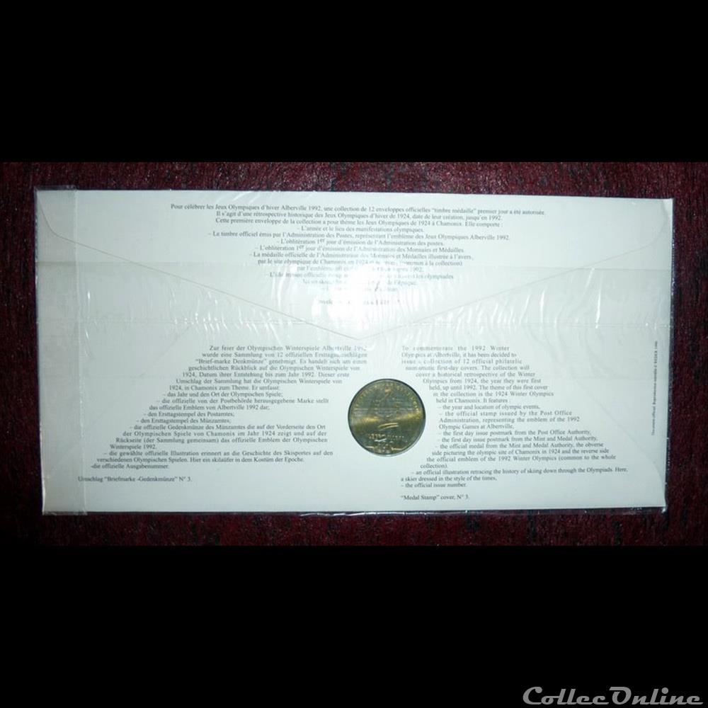 ALBERTVILLE 92 - Enveloppe avec medaille. 2 timbre france diver albertville 92 enveloppe avec medaille