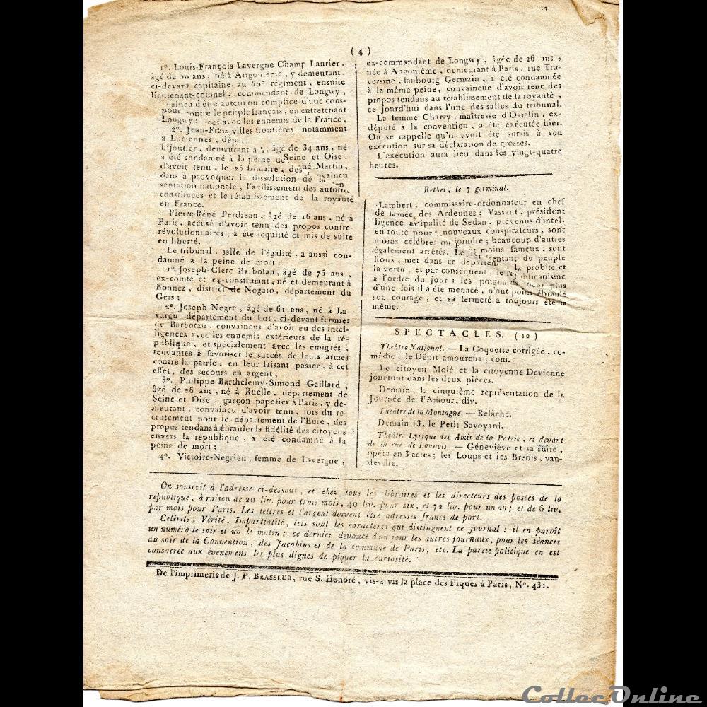 Journal du Matin du 12 Germinal An II ( 01/04/1794 ) 4 vieux papier autre grecque journal du matin du 12 germinal an ii 01 04 1794