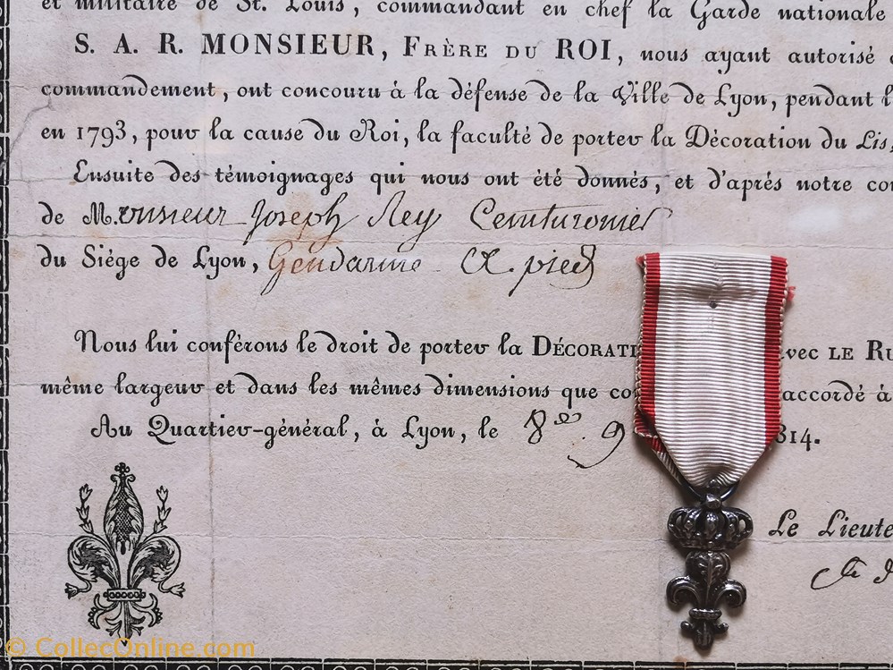 1814 Diplôme et médaille de la Décoration du Lys militaria medailles insignes 1814 diplome et medaille de la decoration du lys