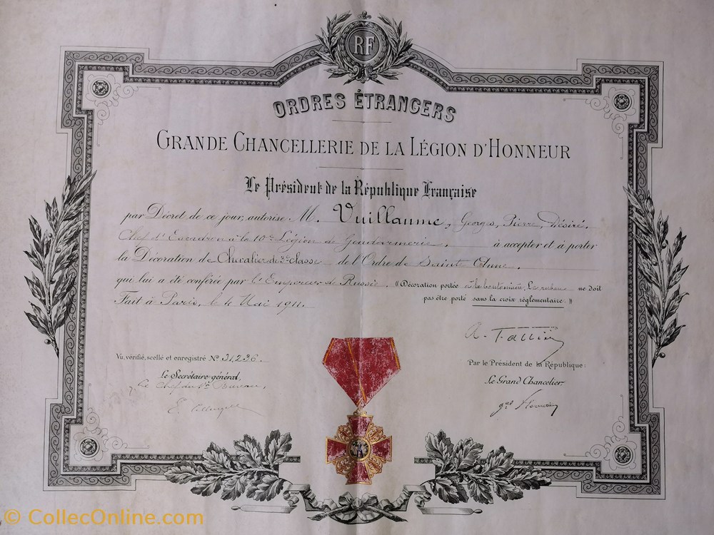 1911 Diplôme de Chevalier de 3è classe de l'Ordre de Sainte-Anne militaria medailles insignes 1911 diplome de chevalier de 3e classe de ordre de sainte anne