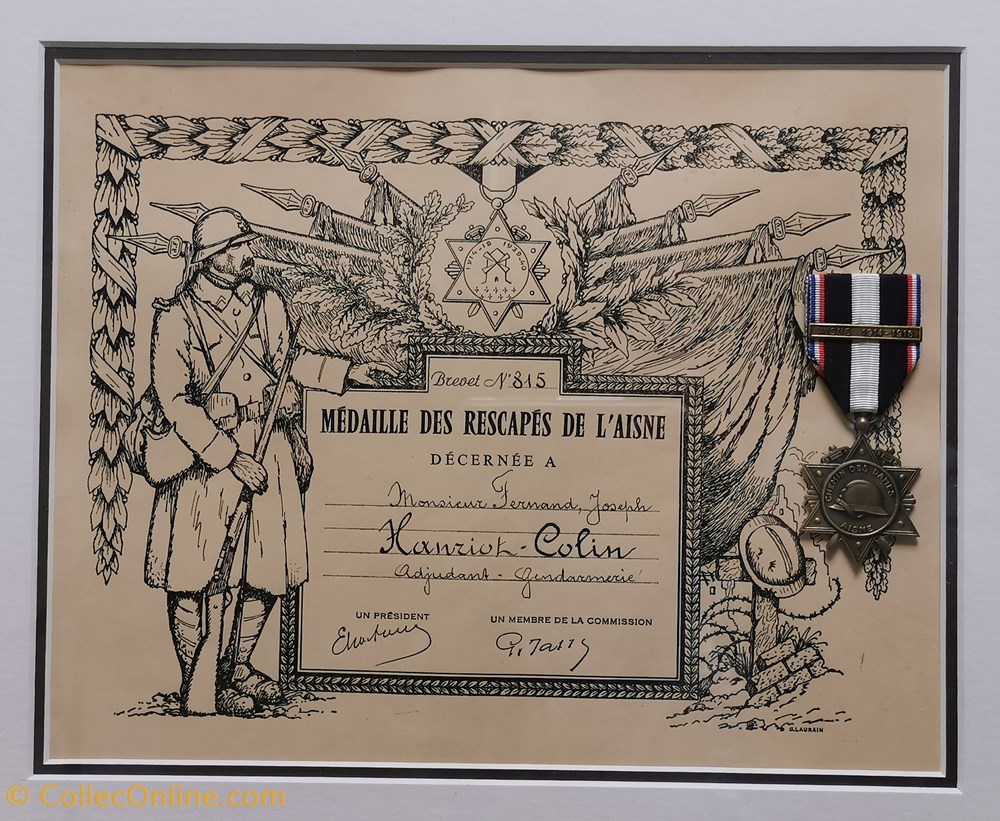1919 (vers) Diplôme et médaille des Rescapés de l'Aisne militaria medailles insignes 1919 vers diplome et medaille des rescapes de aisne