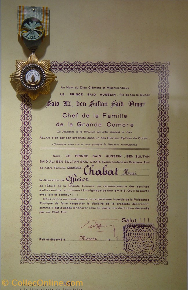 militaria medailles insignes 1958 diplome et medaille officier de etoile de grande comore