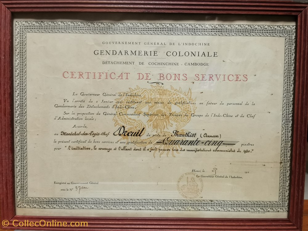 1930 Certificat de Bons Services du Détachement de Gendarmerie de Cochinchine-Cambodge militaria medailles insignes 1930 certificat de bons services du detachement de gendarmerie de cochinchine cambodge