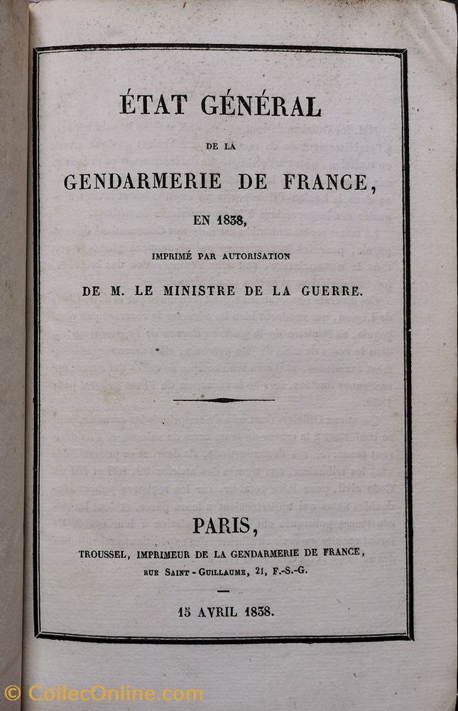 militaria livres revues catalogues 1838 etat general de la gendarmerie de france