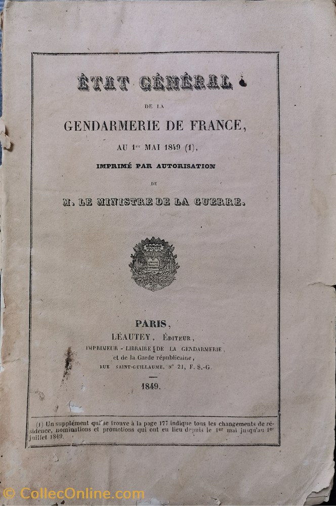 militaria livres revues catalogues 1849 etat general de la gendarmerie de france