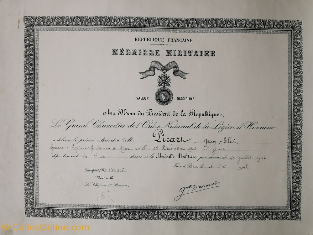 militaria medailles insignes 1948 diplome de la medaille militaire