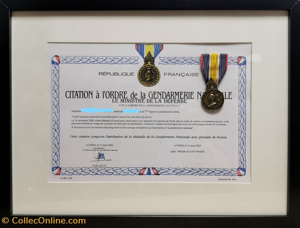 Diplômes et médailles attribués à des gendarmes - Collection de Militaria