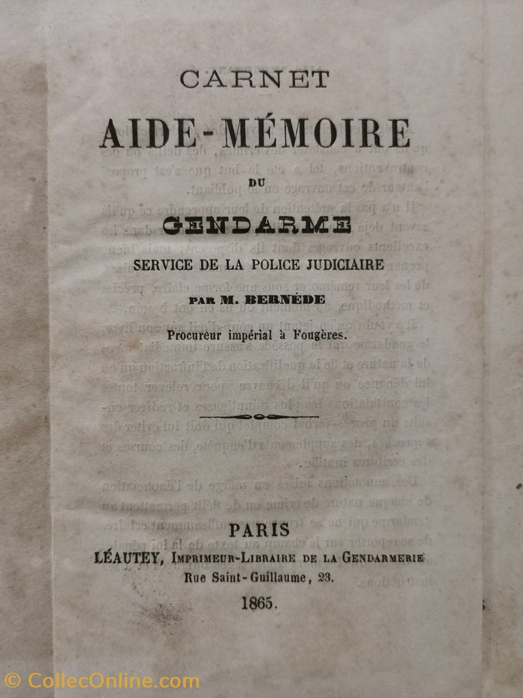 1865 Carnet aide-mémoire du Gendarme militaria livres revues catalogues 1865 carnet aide memoire du gendarme