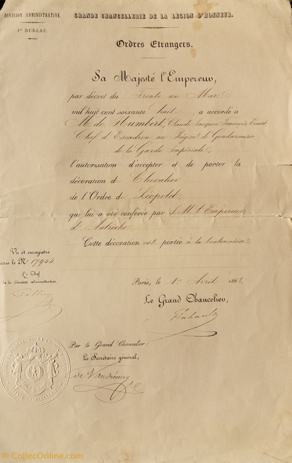 1868 Diplôme de Chevalier de l'Ordre de Leopold par l'Empereur d'Autriche militaria medailles insignes 1868 diplome de chevalier de ordre de leopold par empereur autriche