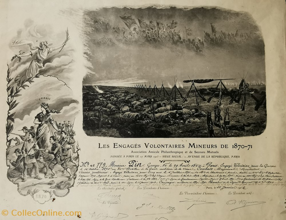 1906 Diplôme des Engagés Volontaires Mineurs de 1870-71 militaria medailles insignes 1906 diplome des engages volontaires mineurs de 1870 71