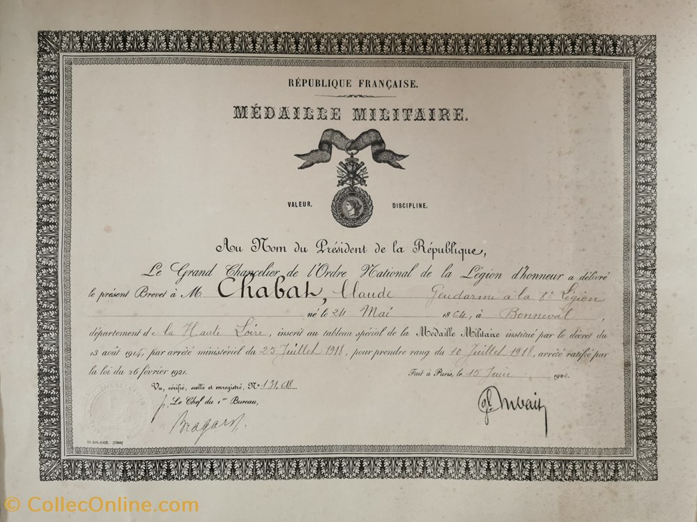militaria medailles insignes 1922 diplome de la medaille militaire 8eme legion de gendarmerie