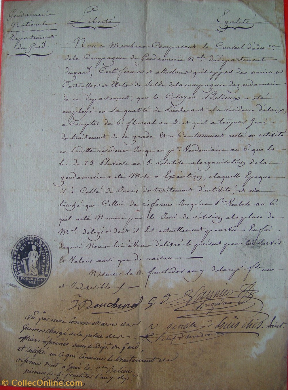1799 Attestation du Conseil d'Administration de la Gendarmerie du Gard documents anciens historiques 1799 attestation du conseil administration de la gendarmerie du gard