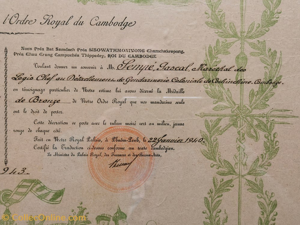 1940 Diplôme et médaille de Bronze de l'Ordre Royal du Cambodge 2 militaria medailles insignes 1940 diplome et medaille de bronze de ordre royal du cambodge
