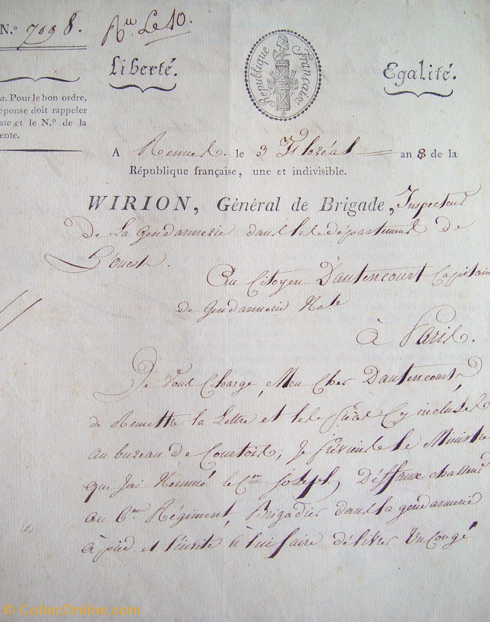 documents anciens historiques 1800 lettre du general wirion inspecteur de la gendarmerie dans les departements de ouest