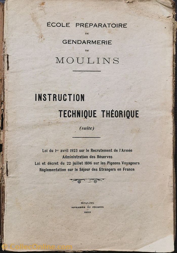 militaria livres revues catalogues 1923 ecole preparatoire de gendarmerie de moulins instruction technique theorique