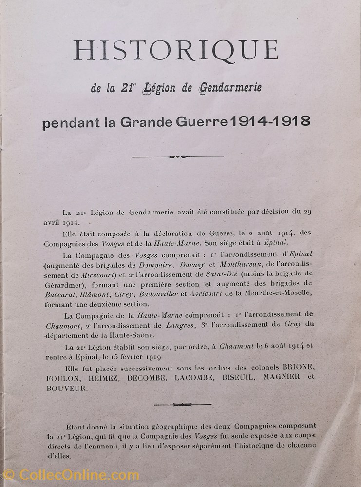 militaria livres revues catalogues 1920 historique de la 21eme legion de gendarmerie 1914 1918