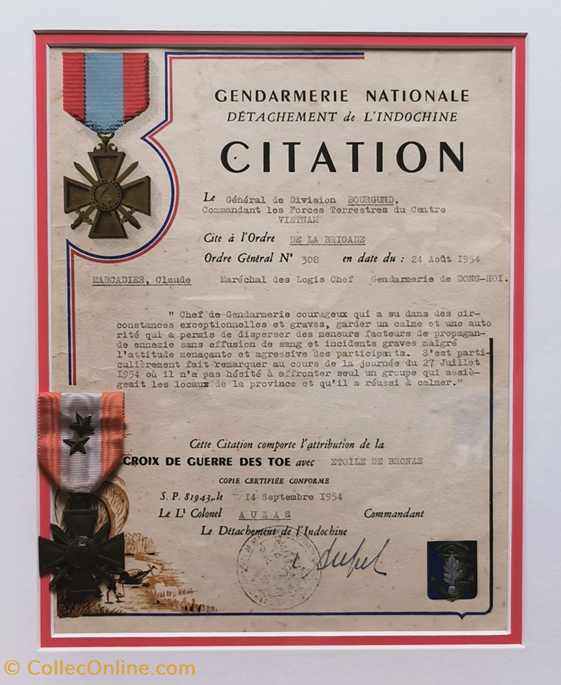 1954 Diplôme et Croix de Guerre des Théâtres des Opérations Extérieurs avec Etoile de Bronze militaria medailles insignes 1954 diplome et croix de guerre des theatres des operations exterieurs avec etoile de bronze