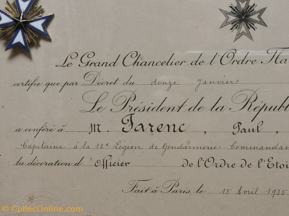 militaria medailles insignes 1935 diplome et medaille officier de ordre de etoile noire du benin