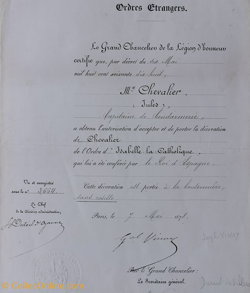 1878 Diplôme de Chevalier de l'Ordre d'Isabelle-la-catholique militaria medailles insignes 1878 diplome de chevalier de ordre isabelle la catholique