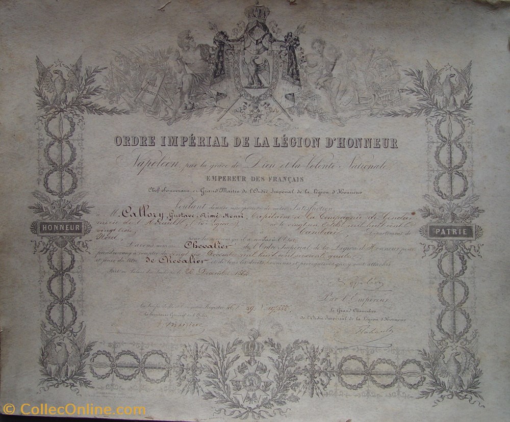 militaria medailles insignes 1864 diplome et medaille de chevalier de ordre imperial de la legion honneur