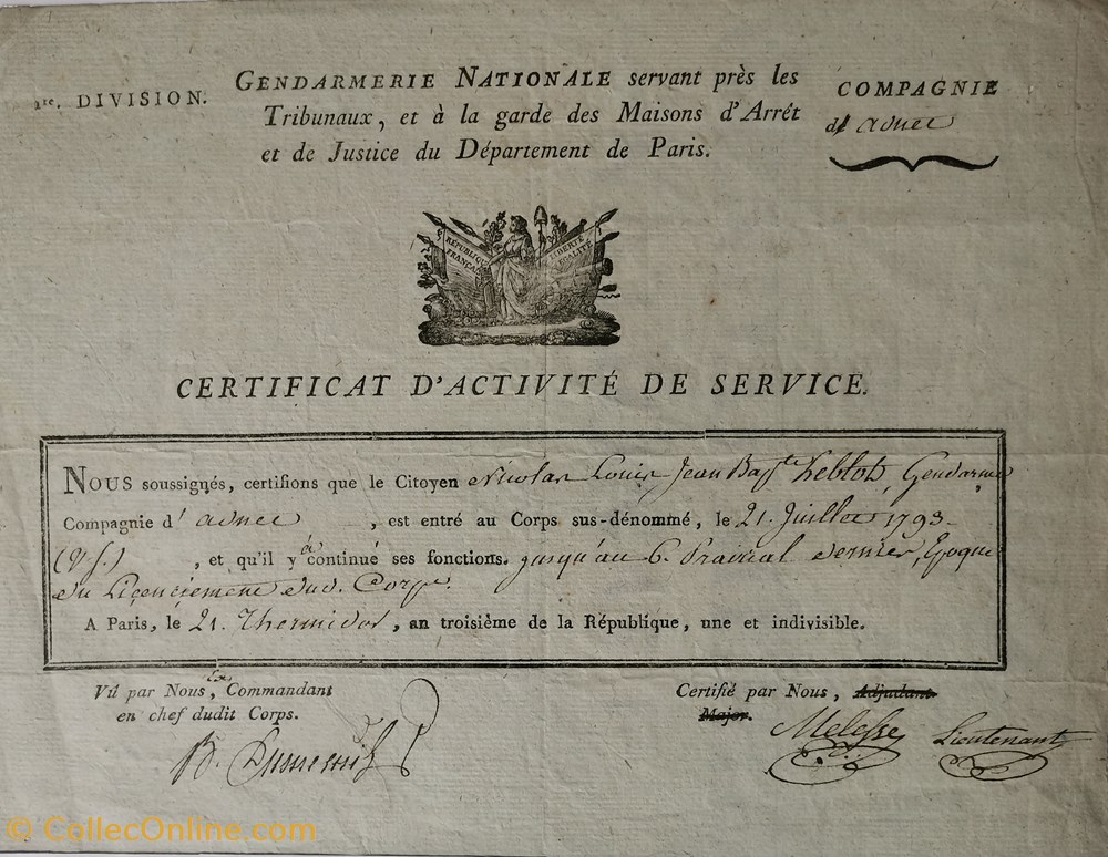 vieux papiers documents historiques 1ere division de gendarmerie servant pres les tribunaux