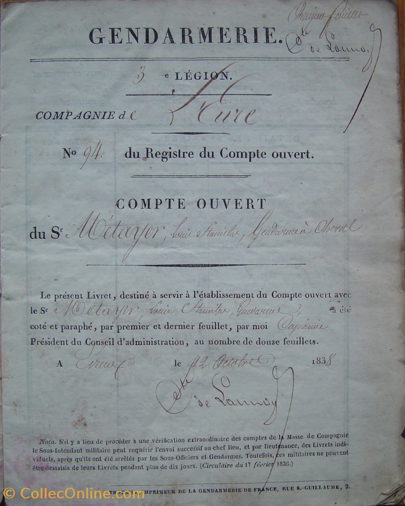 militaria livres revues catalogues livret 1838 gendarme departemental metayer
