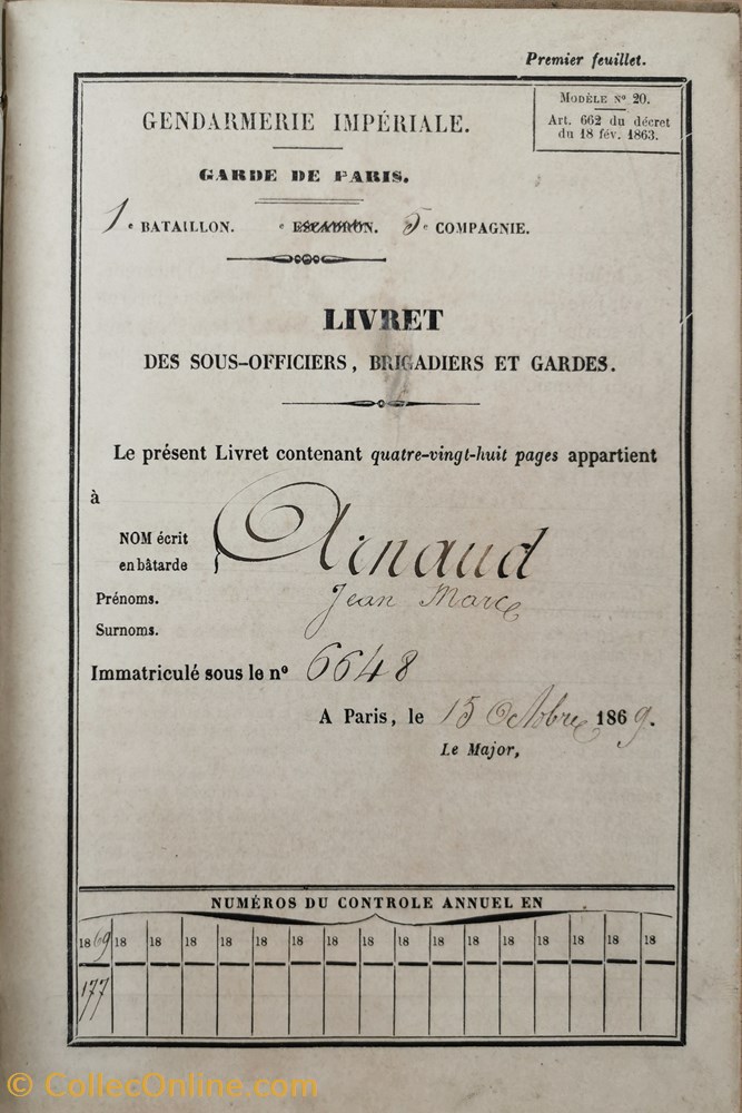 Livret 1869 Gendarme à pied de la Garde de Paris ARNAUD militaria livres revues catalogues livret 1869 gendarme a pied de la garde de paris arnaud