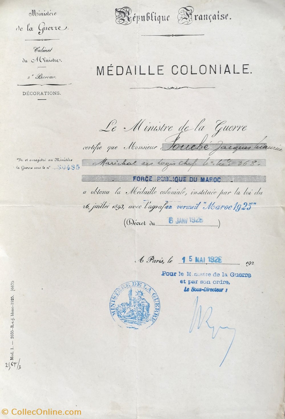 1926 Diplôme de la médaille coloniale en vermeil avec agrafe "MAROC 1925" militaria medailles insignes 1926 diplome de la medaille coloniale en vermeil avec agrafe maroc 1925