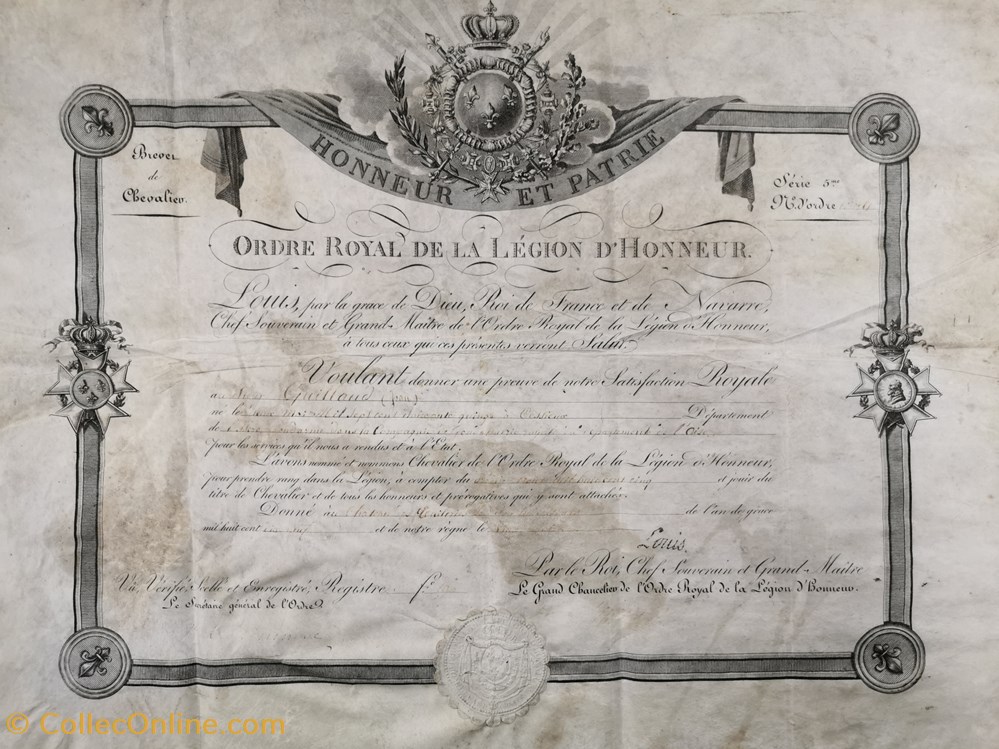 militaria medailles insignes 1805 diplome de chevalier de la legion honneur du gendarme du cadre ci apres