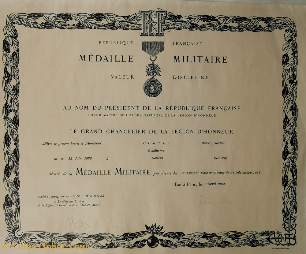 militaria medailles insignes 1962 diplome de la medaille militaire