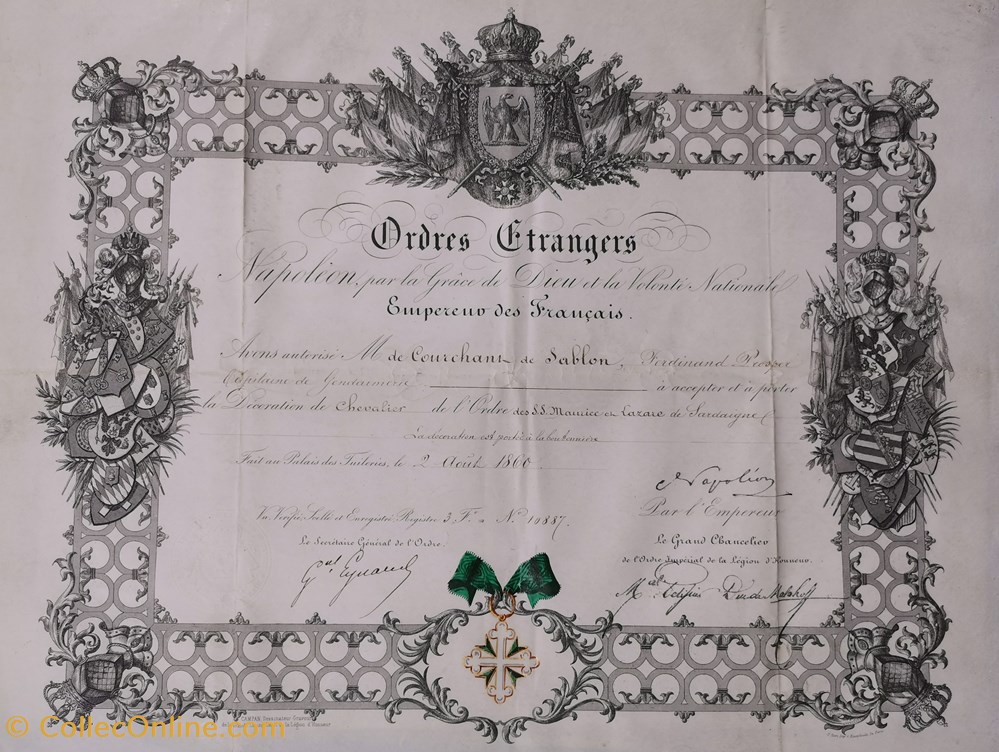 militaria medailles insignes 1860 diplome de chevalier de ordre de saint maurice et lazare de sardaigne