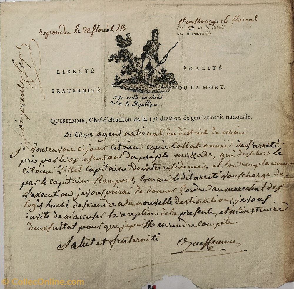 vieux papiers documents historiques 17eme division chef escadron queffemme