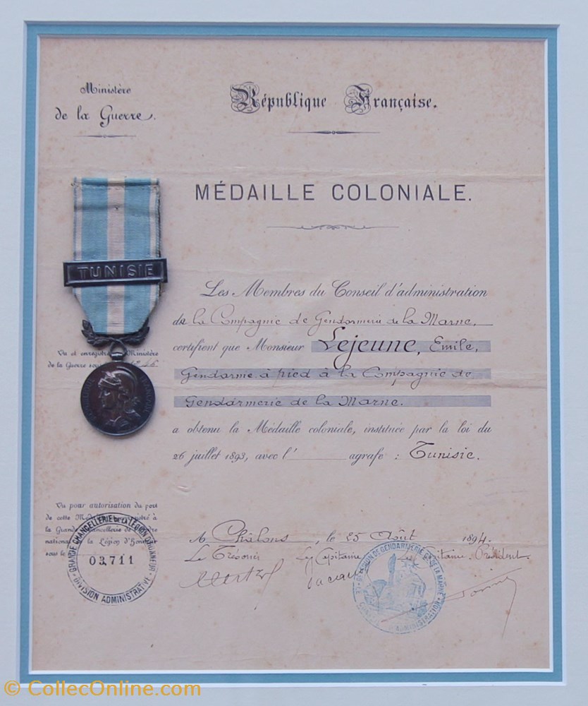 1894 Diplôme et Médaille Coloniale avec agrafe Tunisie - Militaria