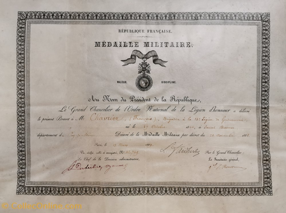 militaria medailles insignes 1889 diplome de la medaille militaire