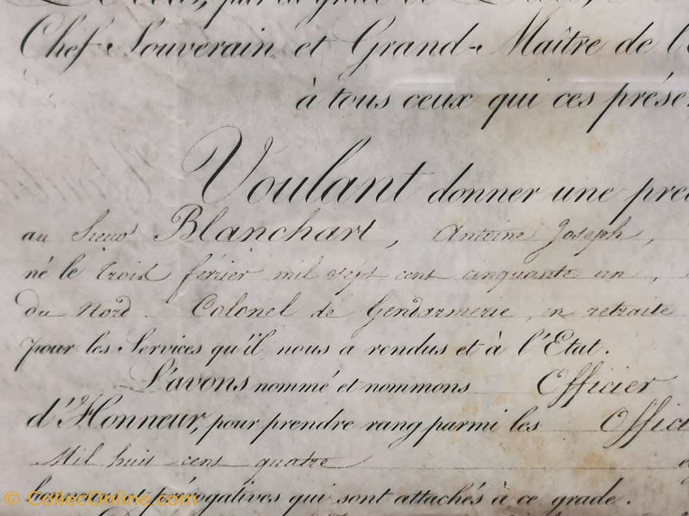 militaria medailles insignes 1821 diplome officier de ordre royal de la legion honneur