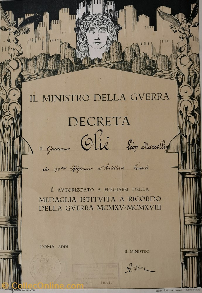 1919 (vers) Diplôme de la médaille italienne commémorative de la Guerre 1915-1918 militaria medailles insignes 1919 vers diplome de la medaille italienne commemorative de la guerre 1915 1918