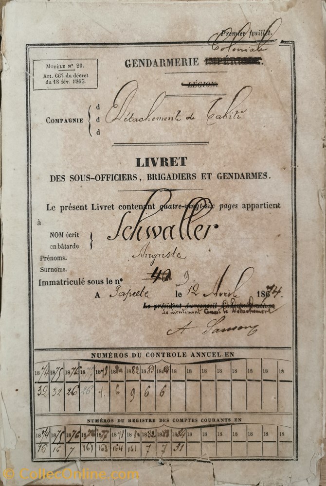 Livret 1874 Gendarme colonial à pied à Tahiti SCHWALLER 2 militaria livres revues catalogues livret 1874 gendarme colonial a pied a tahiti schwaller
