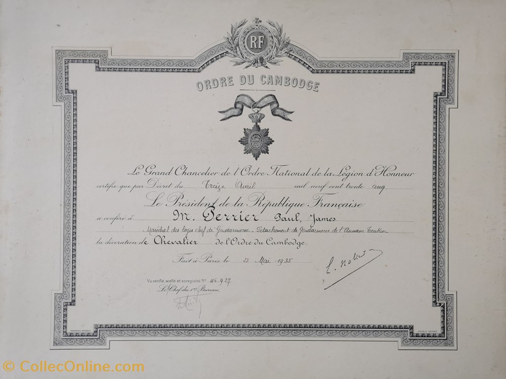 1935 Diplôme de Chevalier de l'Ordre du Cambodge militaria medailles insignes 1935 diplome de chevalier de ordre du cambodge