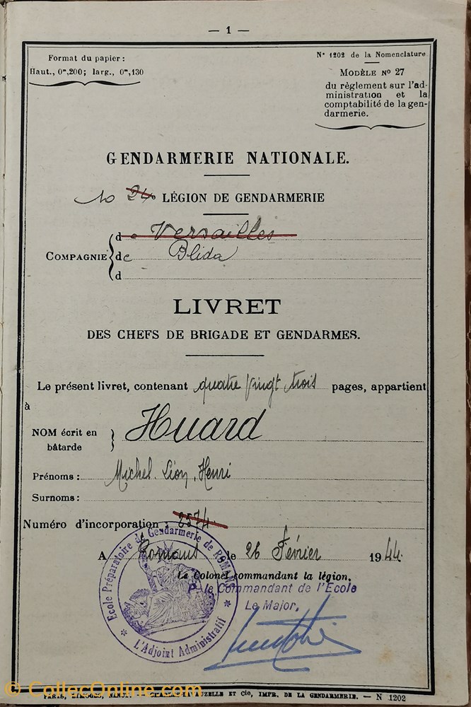militaria livres revues catalogues livret 1944 gendarme huard ecole preparatoire de romans