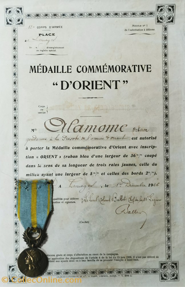 1926 Diplôme et médaille Commémorative de l'Armée d'Orient militaria medailles insignes 1926 diplome et medaille commemorative de armee orient