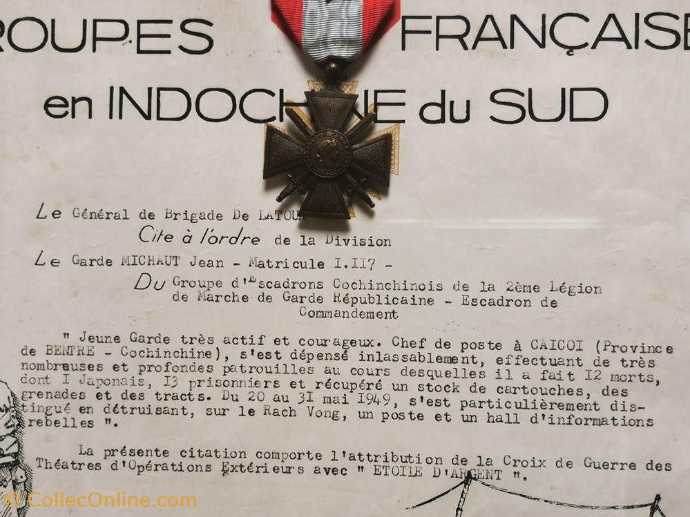 1949 Diplôme Croix de Guerre des Théâtres d'Opérations Extérieurs -Citation à l'Ordre de la Division militaria medailles insignes 1949 diplome croix de guerre des theatres operations exterieurs citation a ordre de la division