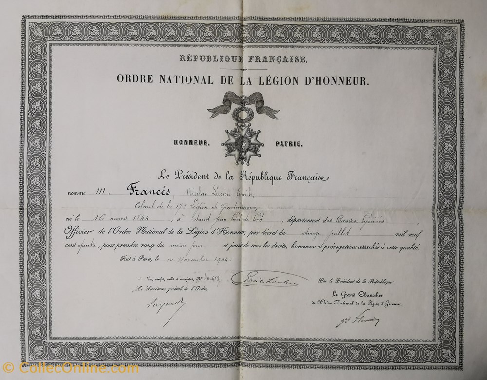 1904 Diplôme d'Officier de la Légion d'Honneur militaria medailles insignes 1904 diplome officier de la legion honneur