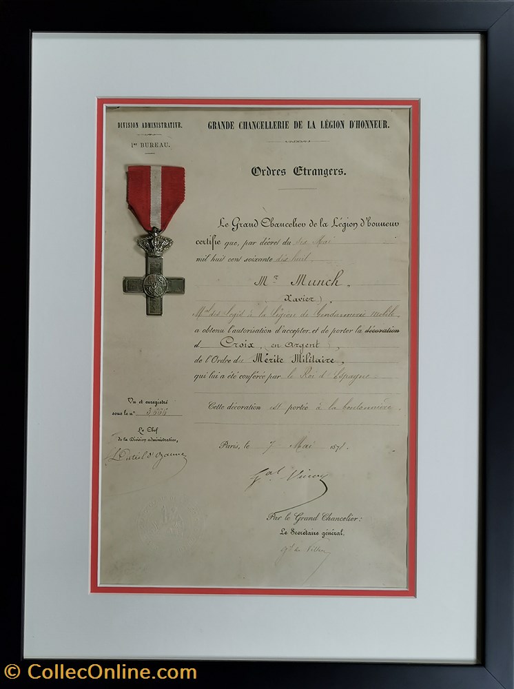 1878 Diplôme et médaille de la Croix argent de l'Ordre du Mérite Militaire d'Espagne militaria medailles insignes 1878 diplome et medaille de la croix argent de ordre du merite militaire espagne