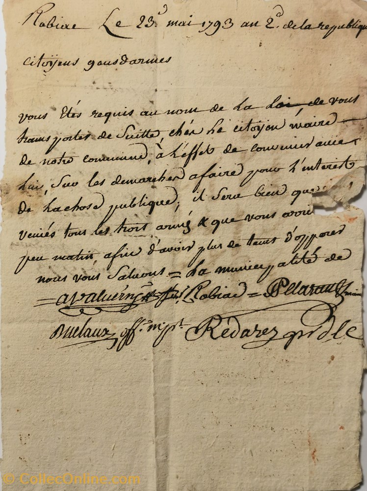 1793 Réquisition de la Force Publique vieux papiers documents historiques 1793 requisition de la force publique